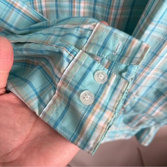 3/$40 XL Tabi International Single Needle Tailoring Blue and Tan Plaid Blouse - Picture 2 of 6